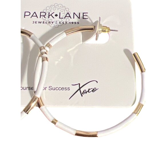 Park Lane Gold Tone Hoop Earrings White Enamel Pierced 2" Across New on Card - Picture 2 of 5